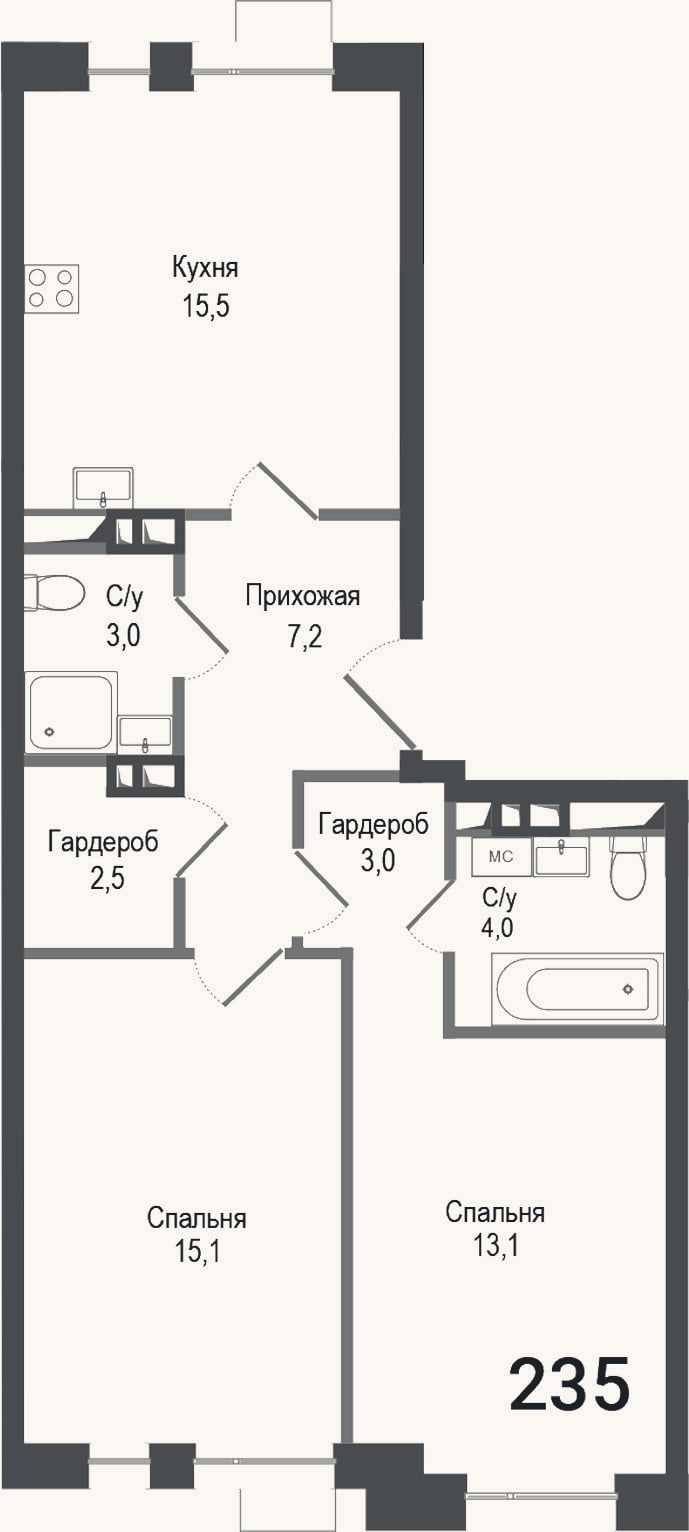 Планировка: 3-к, 63,4 м²