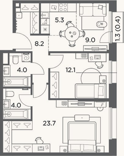 Планировка: 3-к, 66,3 м²