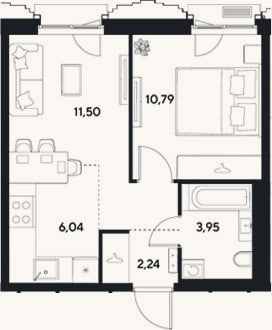 Планировка: 2-к, 34,5 м²