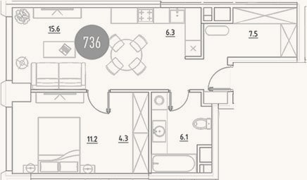 Планировка: 2-к, 51 м²