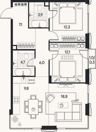 Планировка: 3-к, 74,7 м²