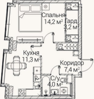 Планировка: 1-к, 40,1 м²