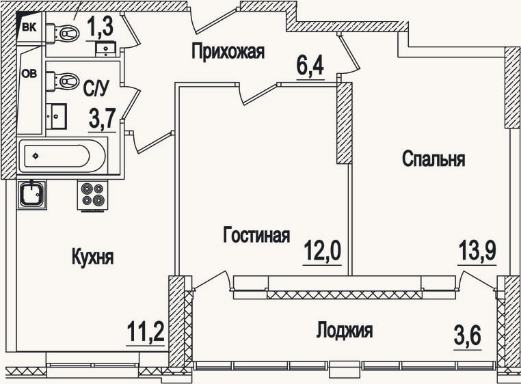 Планировка: 2-к, 48,5 м²