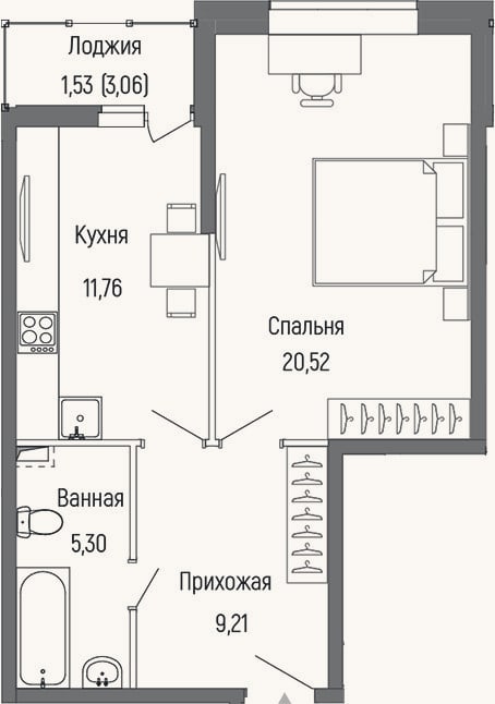 Планировка: 1-к, 46,8 м²