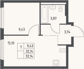 Планировка: 2-к, 32,1 м²