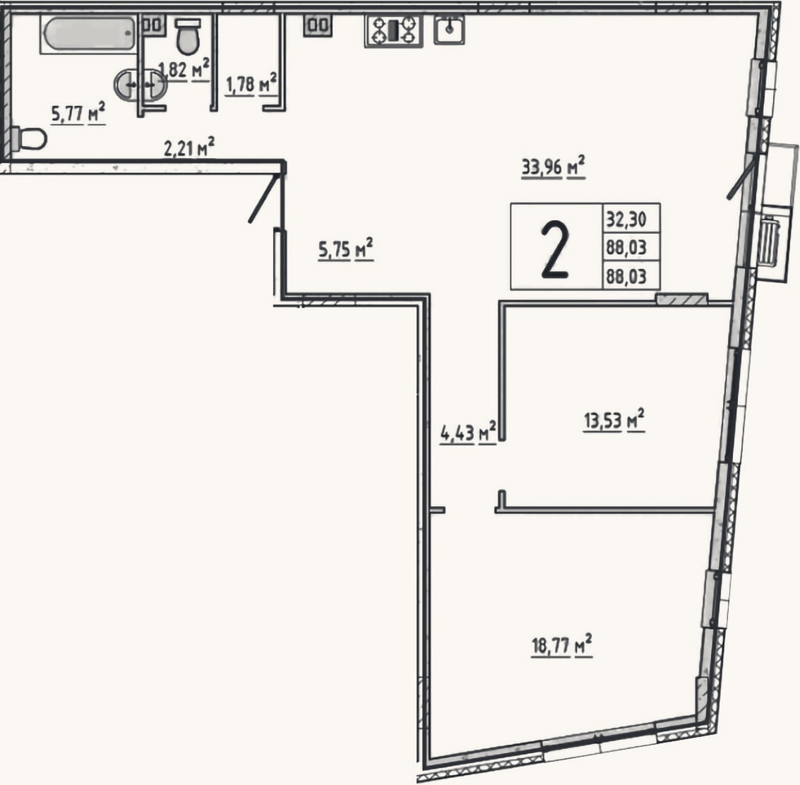 Планировка: 2-к, 89 м²