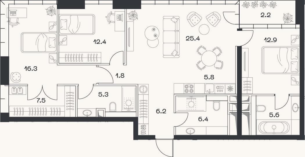 Планировка: 4+ к, 105,6 м²