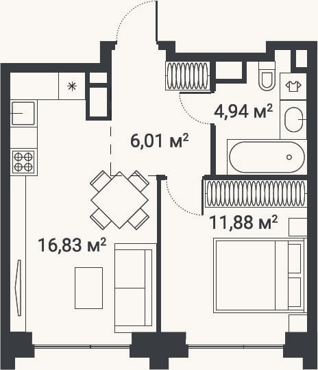 Планировка: 1-к, 39,7 м²