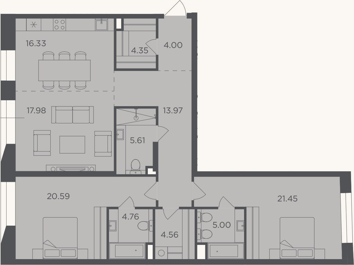 Планировка: 3-к, 118,8 м²
