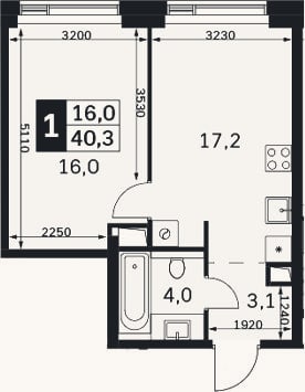Планировка: 2-к, 40,3 м²