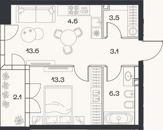 Планировка: 2-к, 44,4 м²
