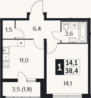 Планировка: 1-к, 36,6 м²
