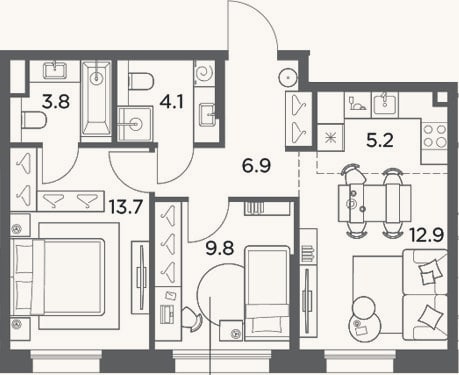 Планировка: 3-к, 56,4 м²