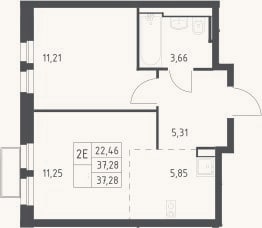 Планировка: 2-к, 37,3 м²