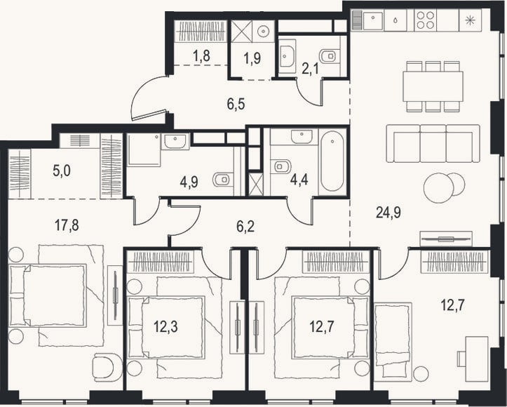 Планировка: 4+ к, 113,2 м²