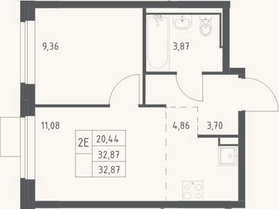 Планировка: 2-к, 32,9 м²