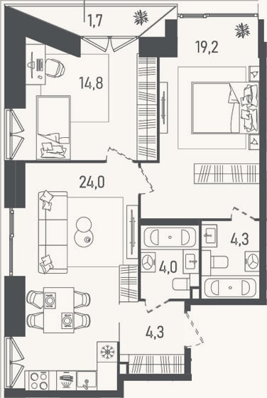 Планировка: 3-к, 70,6 м²