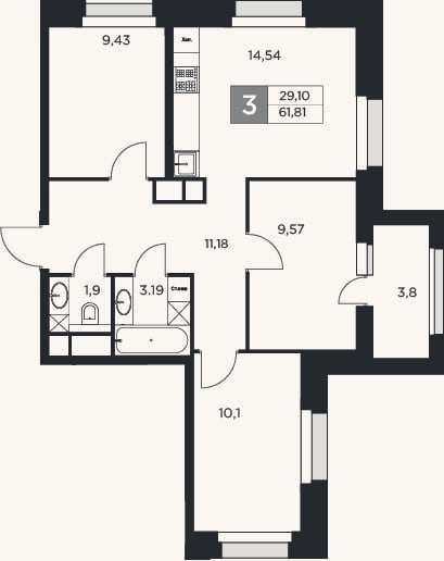Планировка: 4+ к, 59,9 м²