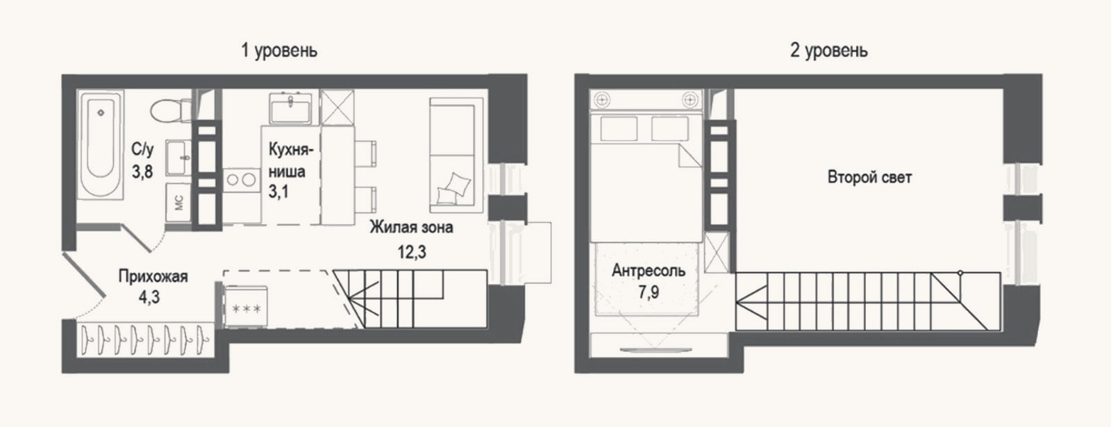Планировка: 2-к, 31,4 м²