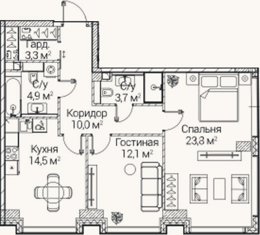 Планировка: 2-к, 72,5 м²