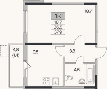 Планировка: 1-к, 36,5 м²