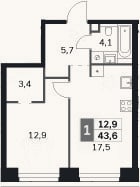 Планировка: 1-к, 43,6 м²