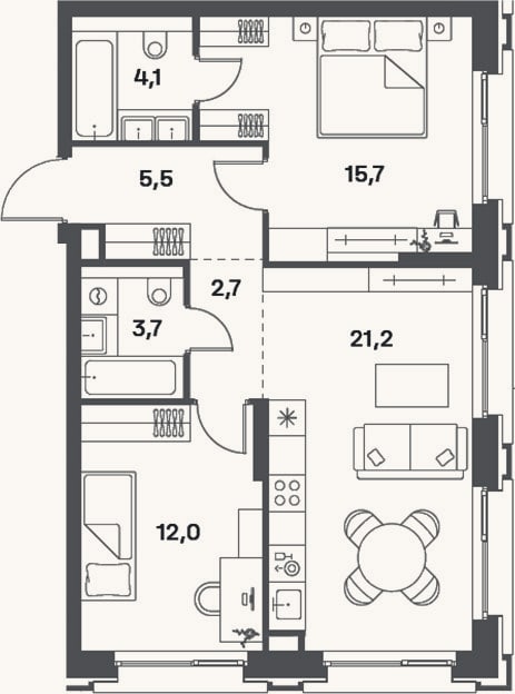 Планировка: 3-к, 64,9 м²
