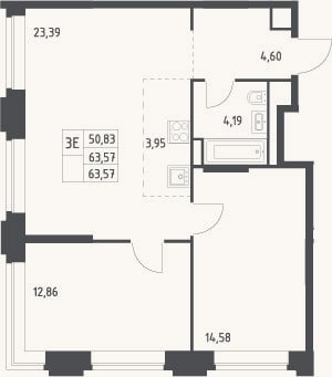 Планировка: 3-к, 63,6 м²