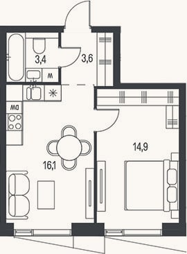 Планировка: 2-к, 38 м²