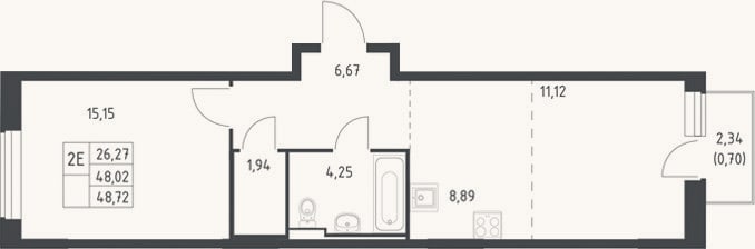 Планировка: 2-к, 48 м²