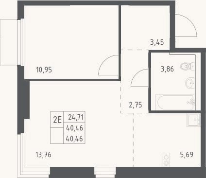 Планировка: 2-к, 40,5 м²
