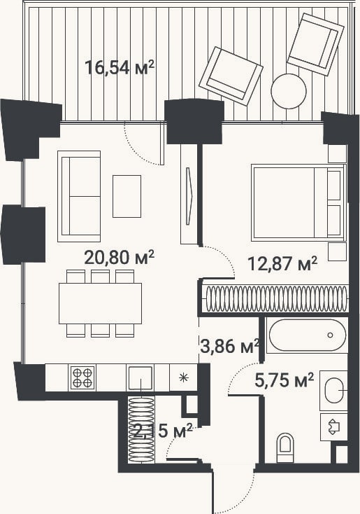 Планировка: 1-к, 43,7 м²