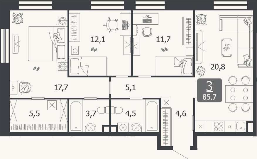 Планировка: 4+ к, 85,7 м²
