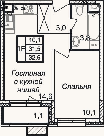 Планировка: 2-к, 31,5 м²