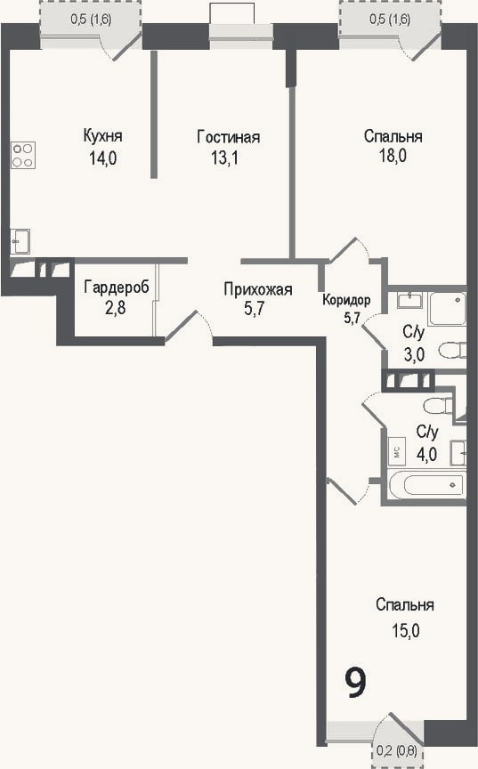 Планировка: 3-к, 81,3 м²