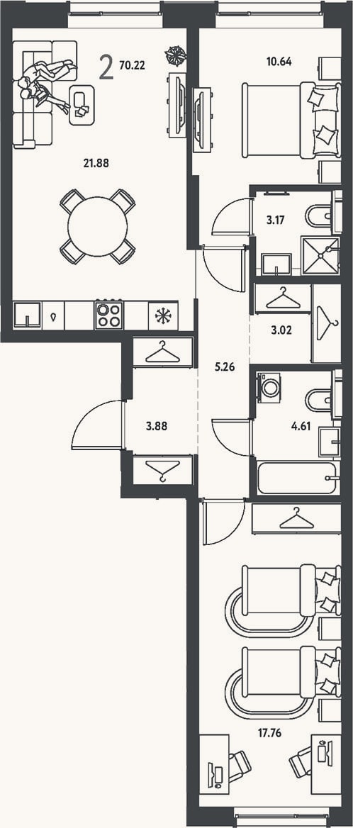 Планировка: 2-к, 70,2 м²