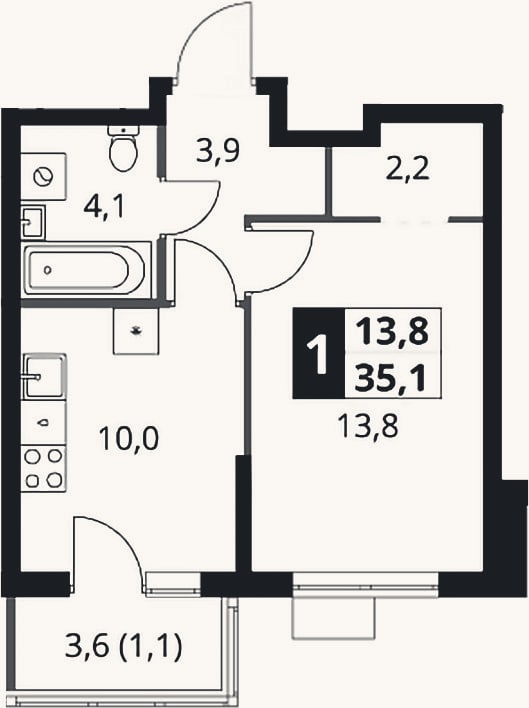 Планировка: 1-к, 34 м²
