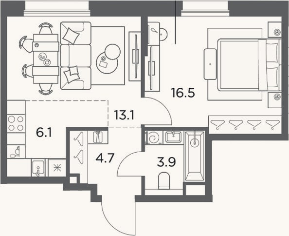 Планировка: 2-к, 44,3 м²