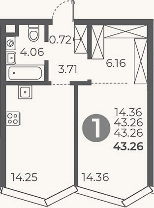 Планировка: 1-к, 43,3 м²