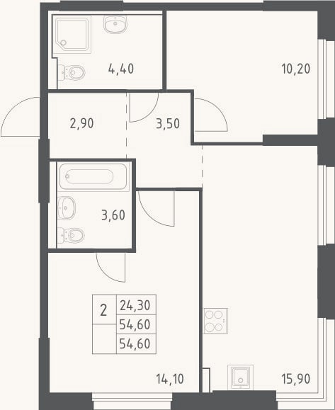 Планировка: 3-к, 54,6 м²