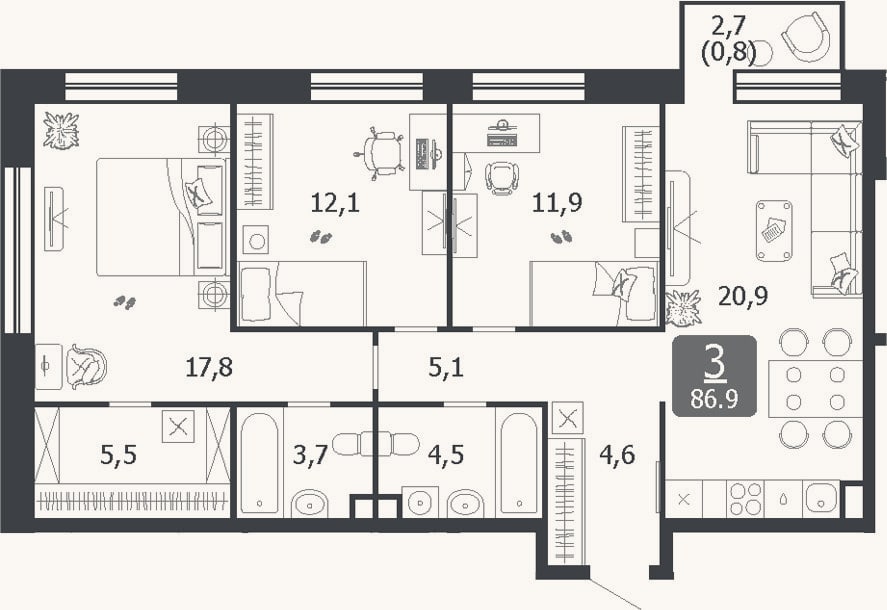 Планировка: 4+ к, 85,9 м²