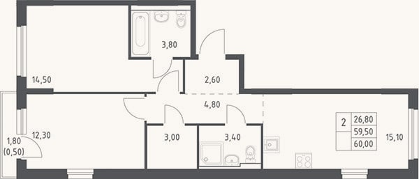 Планировка: 3-к, 59,5 м²