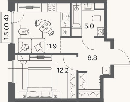 Планировка: 1-к, 37,9 м²