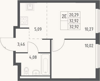 Планировка: 2-к, 32,9 м²