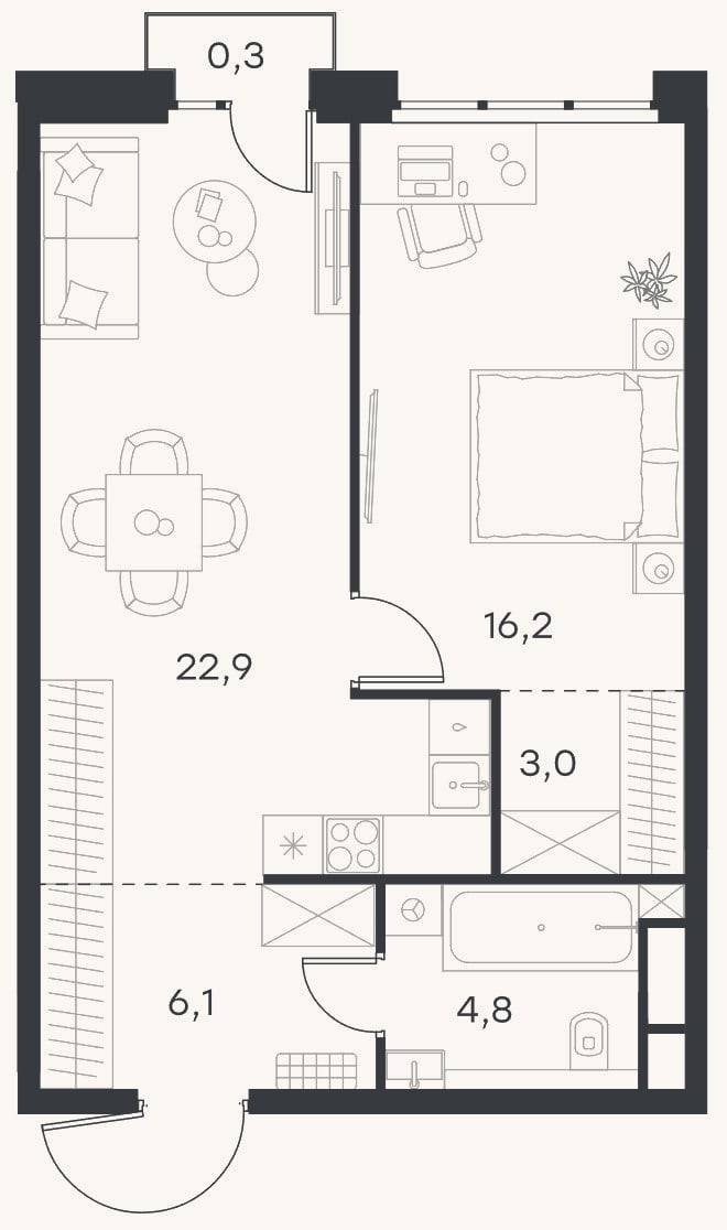 Планировка: 2-к, 53 м²