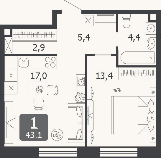 Планировка: 2-к, 43,1 м²