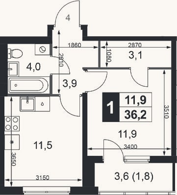 Планировка: 1-к, 34,4 м²