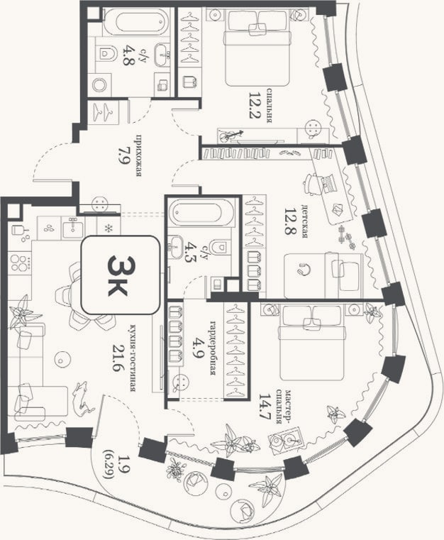 Планировка: 3-к, 83,2 м²