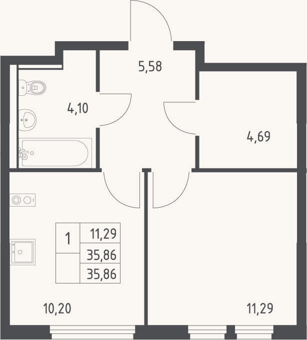 Планировка: 1-к, 35,9 м²