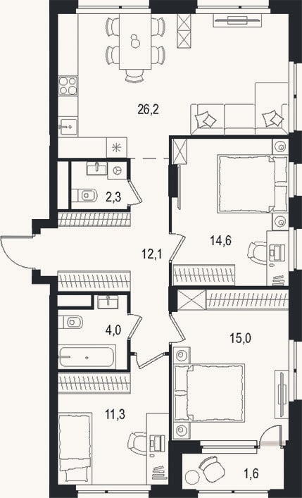 Планировка: 4+ к, 85,5 м²
